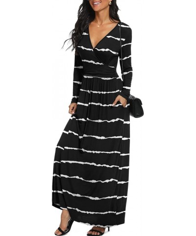 Women Long Sleeve Deep V Neck Loose Plain Long Maxi Casual Dress F Stripe Black $10.25 Dresses