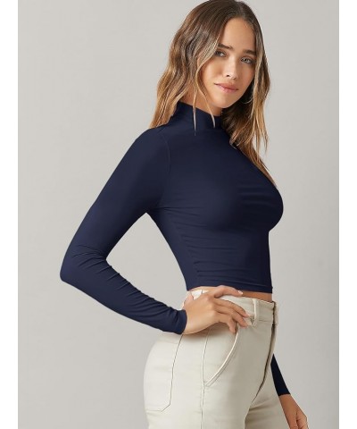 Women's Basic Mock Neck Long Sleeve Fitted Crop T Shirt Top Deep Blue $10.59 T-Shirts