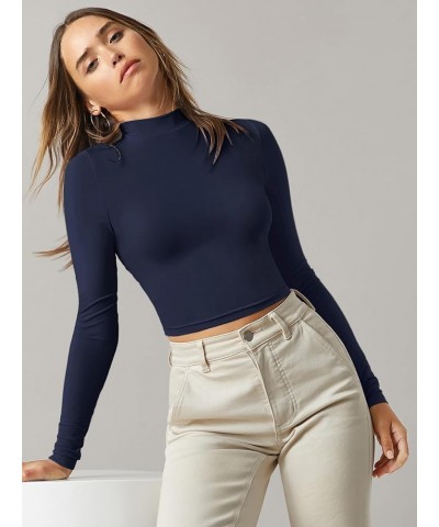 Women's Basic Mock Neck Long Sleeve Fitted Crop T Shirt Top Deep Blue $10.59 T-Shirts