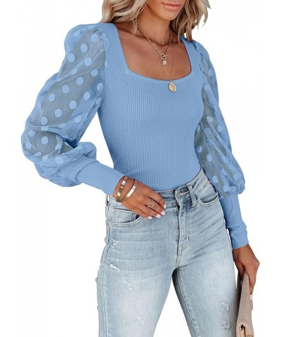 Womens Tops Square Neck Polka Dot Balloon Long Sleeve Top Shirts Slim Knit Ribbed Tops Blouses C Sky Blue $14.62 Blouses