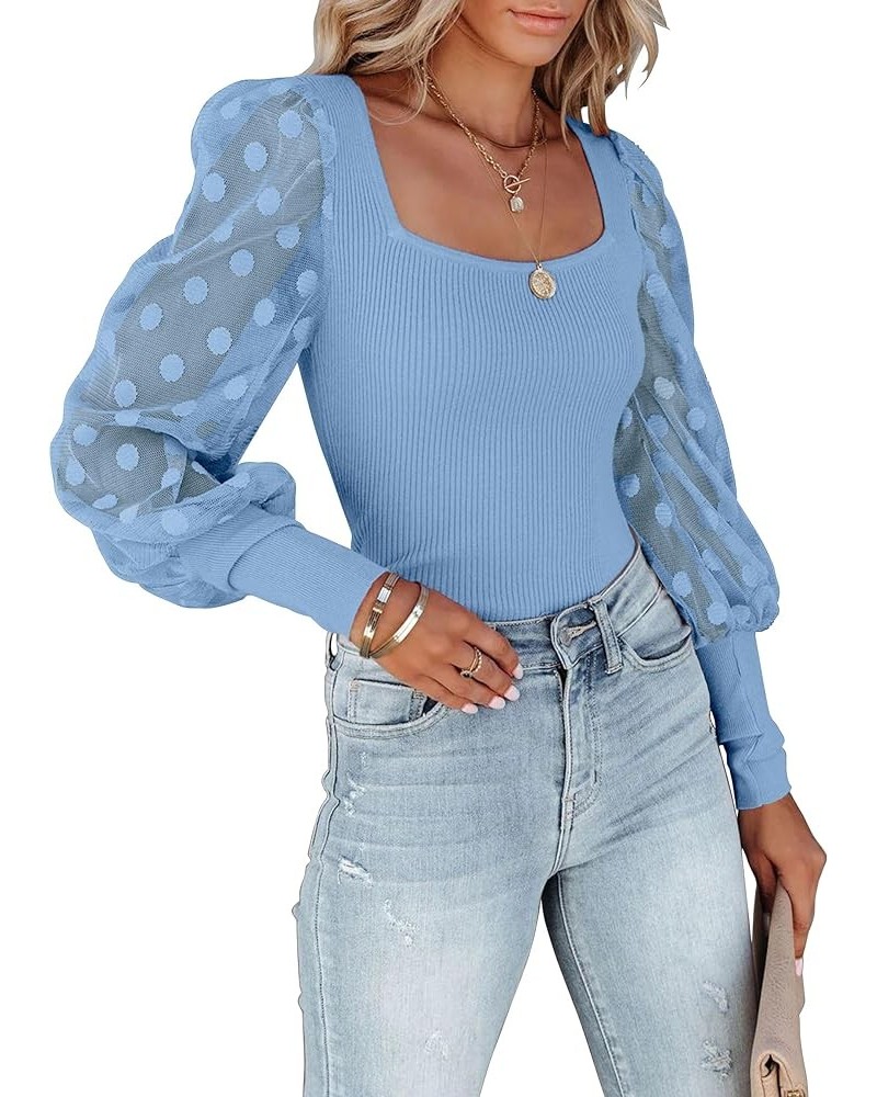 Womens Tops Square Neck Polka Dot Balloon Long Sleeve Top Shirts Slim Knit Ribbed Tops Blouses C Sky Blue $14.62 Blouses