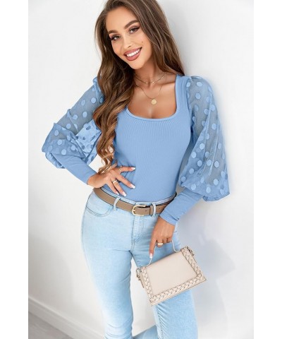 Womens Tops Square Neck Polka Dot Balloon Long Sleeve Top Shirts Slim Knit Ribbed Tops Blouses C Sky Blue $14.62 Blouses