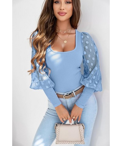 Womens Tops Square Neck Polka Dot Balloon Long Sleeve Top Shirts Slim Knit Ribbed Tops Blouses C Sky Blue $14.62 Blouses