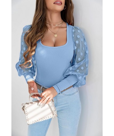 Womens Tops Square Neck Polka Dot Balloon Long Sleeve Top Shirts Slim Knit Ribbed Tops Blouses C Sky Blue $14.62 Blouses