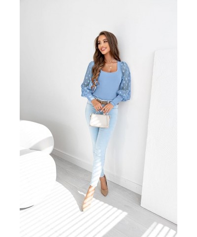 Womens Tops Square Neck Polka Dot Balloon Long Sleeve Top Shirts Slim Knit Ribbed Tops Blouses C Sky Blue $14.62 Blouses