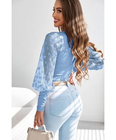 Womens Tops Square Neck Polka Dot Balloon Long Sleeve Top Shirts Slim Knit Ribbed Tops Blouses C Sky Blue $14.62 Blouses