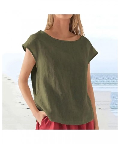 Casual Cotton Linen Tops for Women Summer 3/4 Sleeve Plus Size T Shirts Loose Fit Crew Neck Side Split Basic Blouses G-army G...