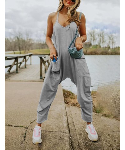 Loose V Neck Jumpsuits for Women Casual Sleeveless Spaghetti Straps Stretchy Overall Jumpsuit with Pockets Grey $13.95 Jumpsuits