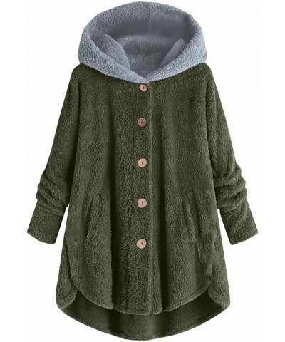 Women's Fleece Coats Hooded Button Down Color Block Jackets Plus Size Long Sleeve Side Split Fuzzy Tops S-5Xl 13army Green $1...