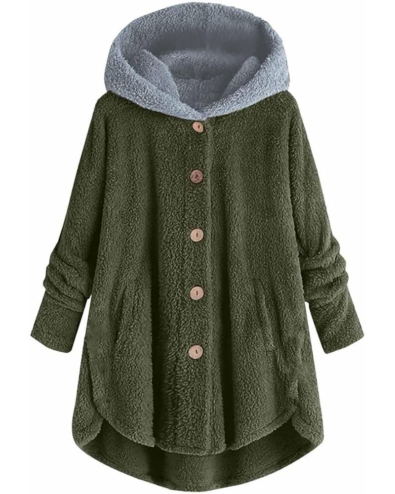 Women's Fleece Coats Hooded Button Down Color Block Jackets Plus Size Long Sleeve Side Split Fuzzy Tops S-5Xl 13army Green $1...