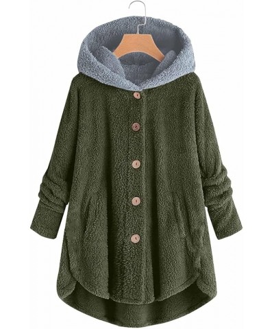 Women's Fleece Coats Hooded Button Down Color Block Jackets Plus Size Long Sleeve Side Split Fuzzy Tops S-5Xl 13army Green $1...