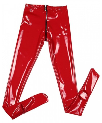 Women's Sexy Shiny PVC Leather Leggings Stretchy Skinny Pants Full Zipper Crotch Footed Trousers Red $20.87 Leggings