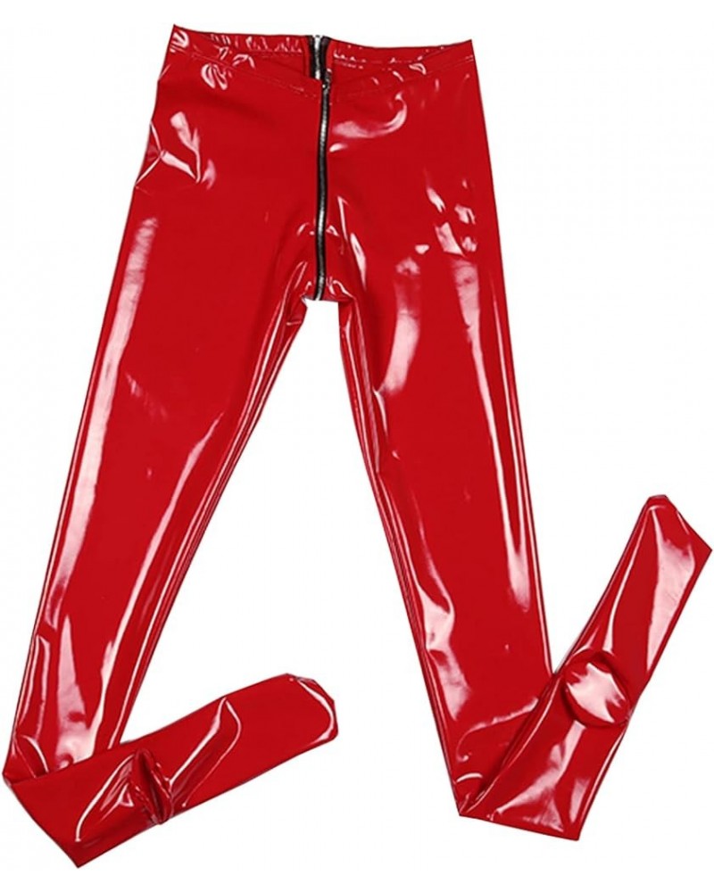 Women's Sexy Shiny PVC Leather Leggings Stretchy Skinny Pants Full Zipper Crotch Footed Trousers Red $20.87 Leggings