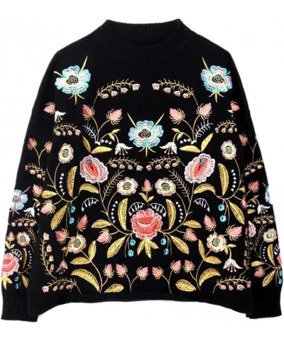 black floral Embroidery Pullover Women Long Sleeve neck Autumn Winter jumper Top Loose knitted sweaters S1 Black $31.00 Sweaters