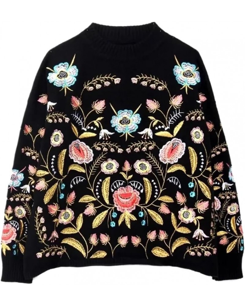 black floral Embroidery Pullover Women Long Sleeve neck Autumn Winter jumper Top Loose knitted sweaters S1 Black $31.00 Sweaters