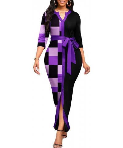 Women's Print Bodycon Maxi Dress Casual Pencil Cocktail Party Dresses V Neck 3/4 Sleeve Church Dress 001-purple Squares $18.9...