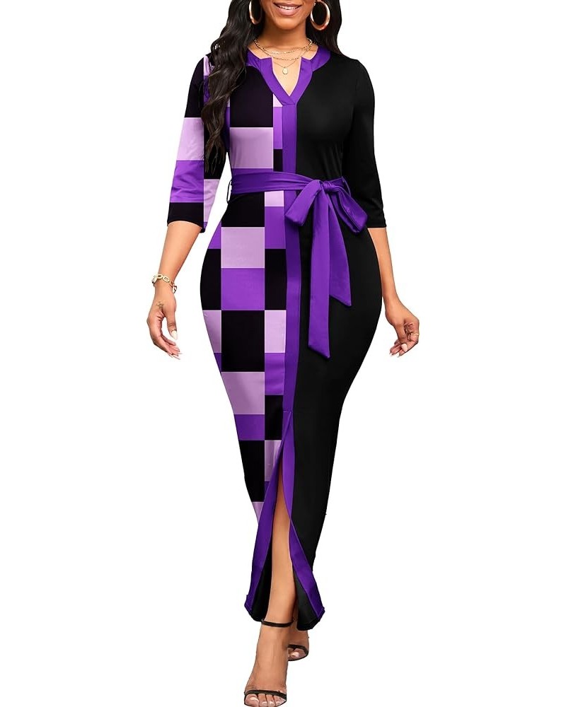 Women's Print Bodycon Maxi Dress Casual Pencil Cocktail Party Dresses V Neck 3/4 Sleeve Church Dress 001-purple Squares $18.9...