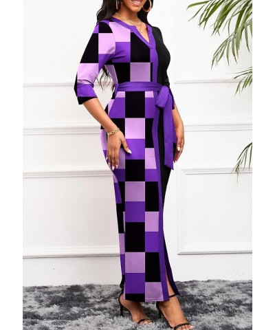 Women's Print Bodycon Maxi Dress Casual Pencil Cocktail Party Dresses V Neck 3/4 Sleeve Church Dress 001-purple Squares $18.9...