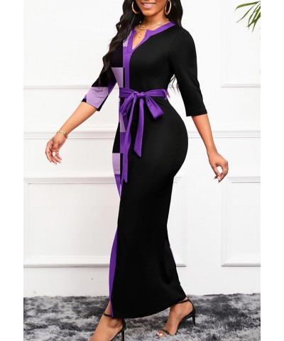 Women's Print Bodycon Maxi Dress Casual Pencil Cocktail Party Dresses V Neck 3/4 Sleeve Church Dress 001-purple Squares $18.9...