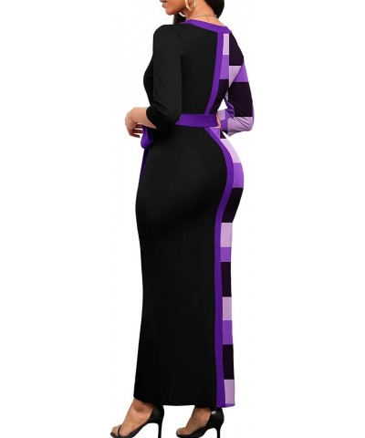 Women's Print Bodycon Maxi Dress Casual Pencil Cocktail Party Dresses V Neck 3/4 Sleeve Church Dress 001-purple Squares $18.9...