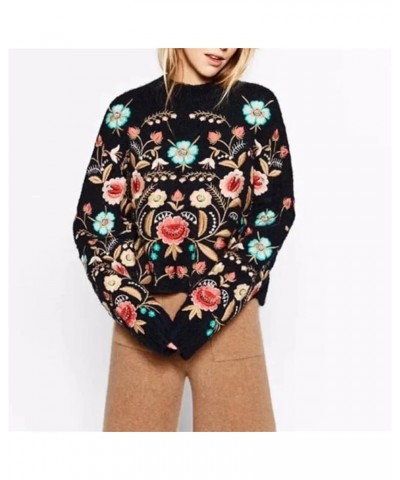 black floral Embroidery Pullover Women Long Sleeve neck Autumn Winter jumper Top Loose knitted sweaters S1 Black $31.00 Sweaters