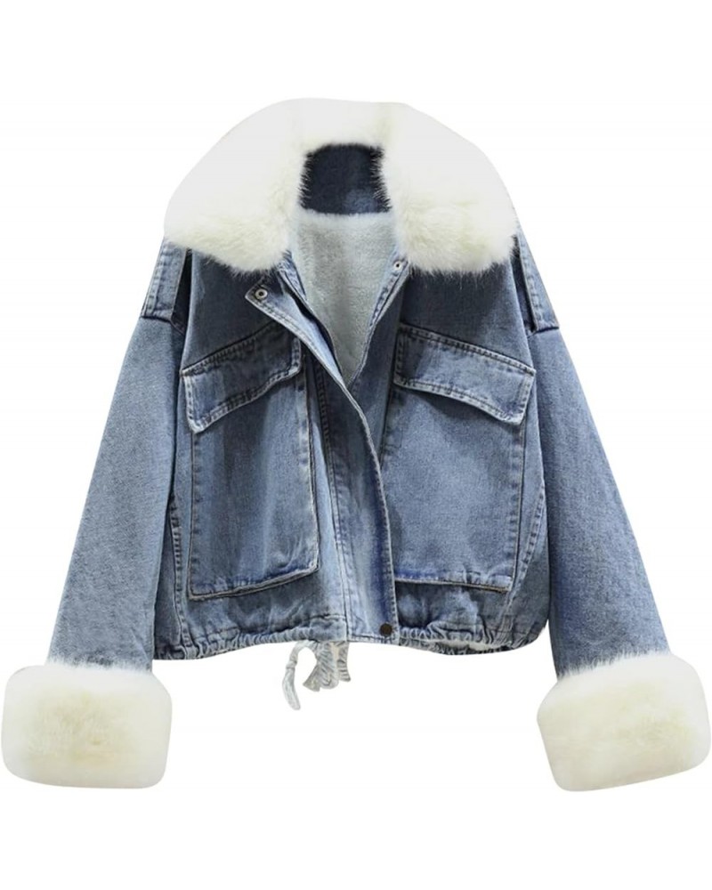 Women Fleece Lined Denim Jacket Boyfriend Faux Collar Thick Button Distressed Trucker Jeans Cashmere Coat with Pocket White $...