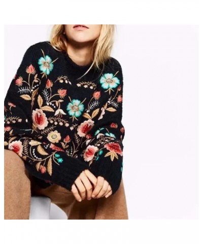 black floral Embroidery Pullover Women Long Sleeve neck Autumn Winter jumper Top Loose knitted sweaters S1 Black $31.00 Sweaters