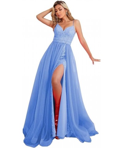 Sexy Mermaid Sequin Prom Dresses with Slit V Neck Formal Dresses Spaghetti Party Gowns with Detachable Train WZY69 Light Blue...