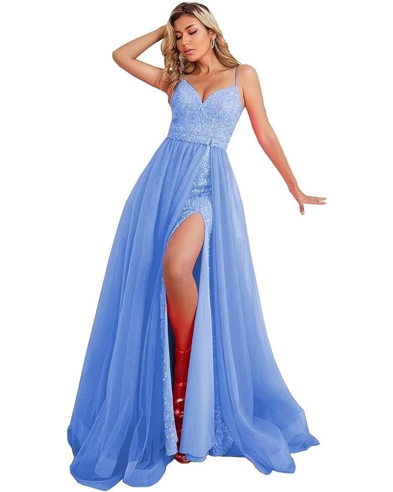 Sexy Mermaid Sequin Prom Dresses with Slit V Neck Formal Dresses Spaghetti Party Gowns with Detachable Train WZY69 Light Blue...