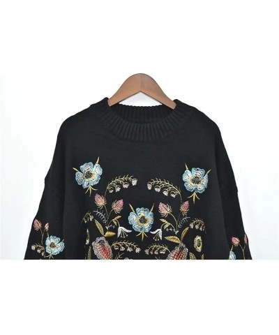 black floral Embroidery Pullover Women Long Sleeve neck Autumn Winter jumper Top Loose knitted sweaters S1 Black $31.00 Sweaters