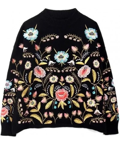 black floral Embroidery Pullover Women Long Sleeve neck Autumn Winter jumper Top Loose knitted sweaters S1 Black $31.00 Sweaters