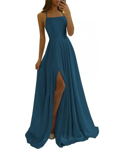 Women's Prom Dresses Long 2024 Satin Aline Slit Spaghetti Formal Evening Gowns with Pockets PM10 Peacock $25.80 Dresses