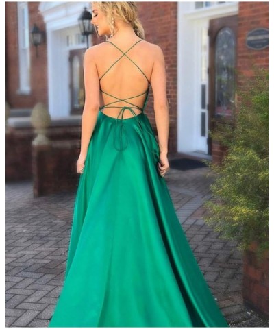 Women's Prom Dresses Long 2024 Satin Aline Slit Spaghetti Formal Evening Gowns with Pockets PM10 Peacock $25.80 Dresses