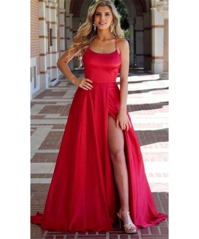 Women's Prom Dresses Long 2024 Satin Aline Slit Spaghetti Formal Evening Gowns with Pockets PM10 Peacock $25.80 Dresses