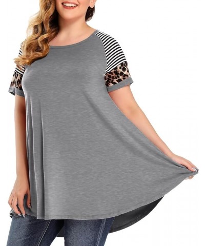 Plus Size Tunics Leopard Print Tops For Women Casual Short Sleeve Striped Shirt Loose Fit Heather Gray $10.75 Tops