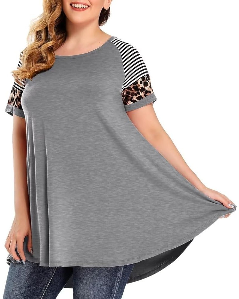 Plus Size Tunics Leopard Print Tops For Women Casual Short Sleeve Striped Shirt Loose Fit Heather Gray $10.75 Tops