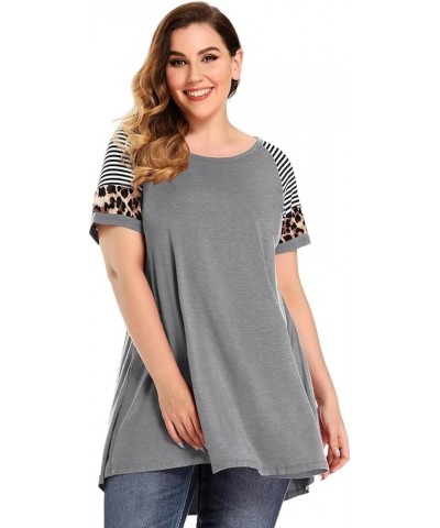 Plus Size Tunics Leopard Print Tops For Women Casual Short Sleeve Striped Shirt Loose Fit Heather Gray $10.75 Tops