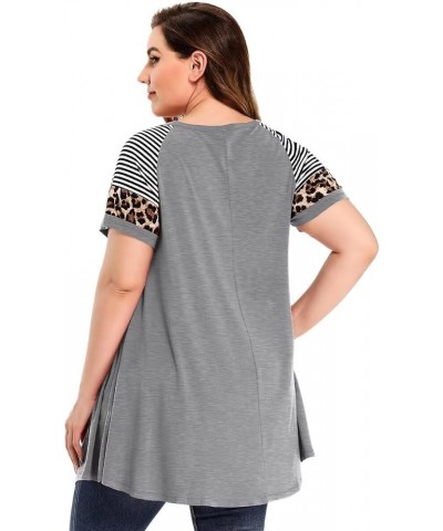 Plus Size Tunics Leopard Print Tops For Women Casual Short Sleeve Striped Shirt Loose Fit Heather Gray $10.75 Tops