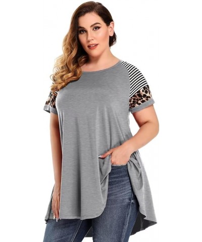 Plus Size Tunics Leopard Print Tops For Women Casual Short Sleeve Striped Shirt Loose Fit Heather Gray $10.75 Tops