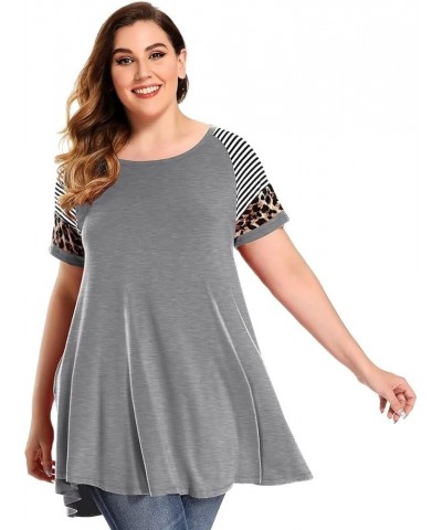 Plus Size Tunics Leopard Print Tops For Women Casual Short Sleeve Striped Shirt Loose Fit Heather Gray $10.75 Tops