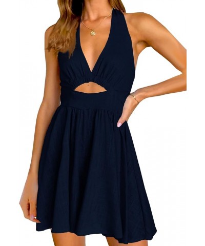 Womens Summer Sleeveless Halter V Neck Backless Cut Out Sexy Casual Party Swing Flared Mini Dress Navy Blue $21.16 Dresses