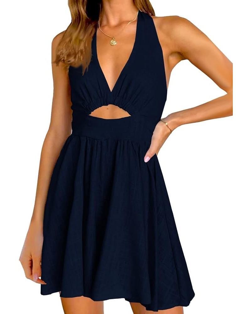 Womens Summer Sleeveless Halter V Neck Backless Cut Out Sexy Casual Party Swing Flared Mini Dress Navy Blue $21.16 Dresses