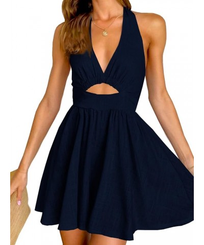 Womens Summer Sleeveless Halter V Neck Backless Cut Out Sexy Casual Party Swing Flared Mini Dress Navy Blue $21.16 Dresses