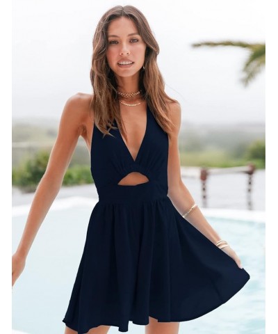 Womens Summer Sleeveless Halter V Neck Backless Cut Out Sexy Casual Party Swing Flared Mini Dress Navy Blue $21.16 Dresses