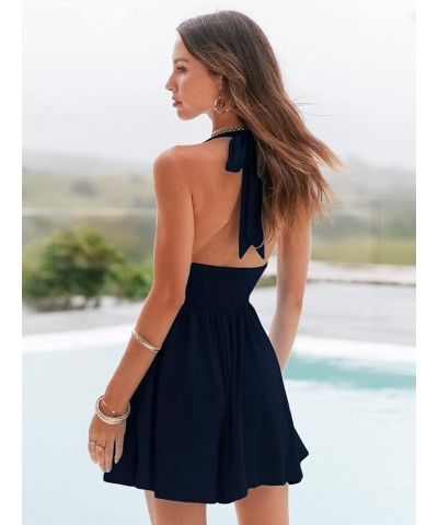 Womens Summer Sleeveless Halter V Neck Backless Cut Out Sexy Casual Party Swing Flared Mini Dress Navy Blue $21.16 Dresses