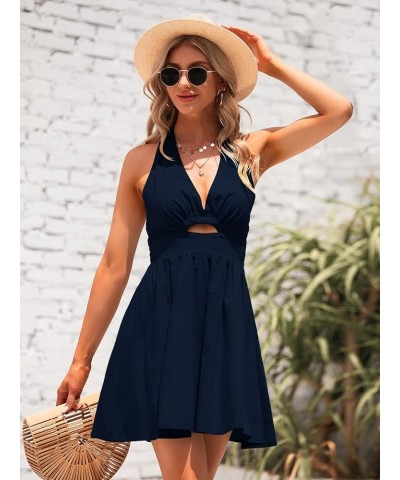 Womens Summer Sleeveless Halter V Neck Backless Cut Out Sexy Casual Party Swing Flared Mini Dress Navy Blue $21.16 Dresses