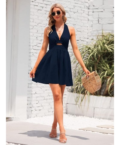 Womens Summer Sleeveless Halter V Neck Backless Cut Out Sexy Casual Party Swing Flared Mini Dress Navy Blue $21.16 Dresses