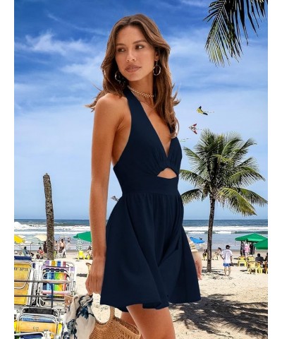 Womens Summer Sleeveless Halter V Neck Backless Cut Out Sexy Casual Party Swing Flared Mini Dress Navy Blue $21.16 Dresses