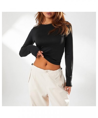 Womens Long Sleeve Shirt Tops Slim Fit Solid Color Basic Tee Tops Trendy Fall Skinny T-Shirt Crop Tops Y6-black $7.79 T-Shirts