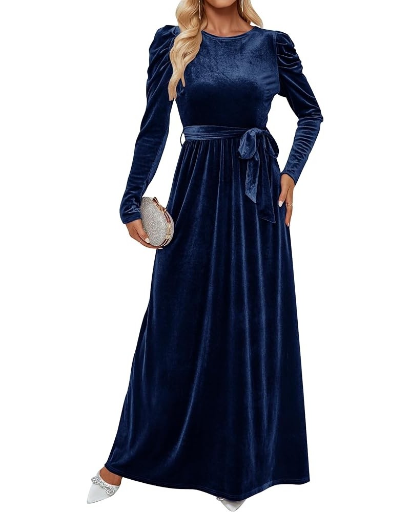 Women's Velvet Maxi Dress Long Puff Sleeve Crew Neck Elastic High Waist Cocktail Party Bridesmaid Dresses Navy $24.74 Dresses